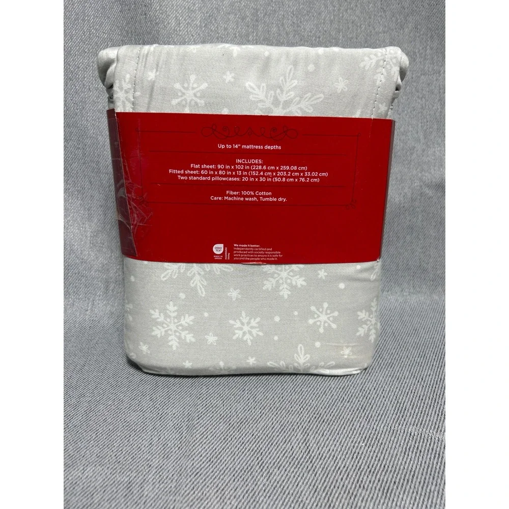 Wondershop Queen Snowflake Cotton Sheet Set Gray Winter Holiday 200TC NEW
